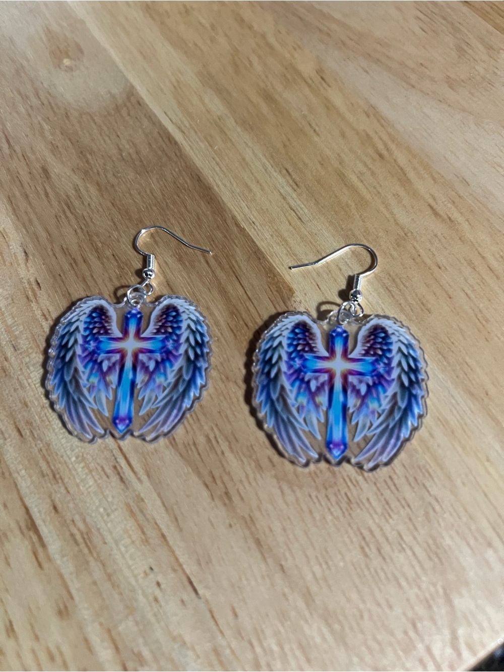 Angel Wing Cross Dangle Earrings - Blue E73